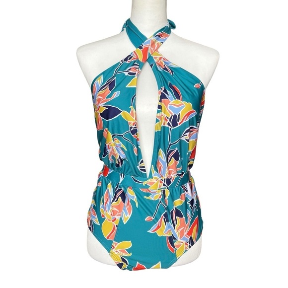 ModCloth Swimsuit Women’s Medium Teal Floral One Piece Bethany Halter Retro - Picture 2 of 14